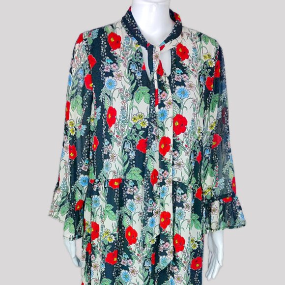 No Frills Los Angeles Floral Multicolor Long Sleeve Maxi Ruffle Flowy Dress - Picture 2 of 5